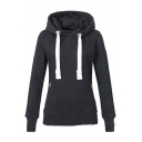 Womens Daily Casual Plain Long Sleeve Drawstring Hoodie with Pocket