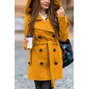 Elegant Girls' Long Sleeve Hooded Double Breasted Tied Waist Midi Plain Fitted Coat