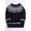 Vintage Geometric Print Long Sleeve Crewneck Black and White Loose Knitted Sweater