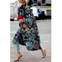 Stylish Ladies' Long Sleeve Lapel Collar Starry Sky Patterned Maxi Baggy Coat in Blue