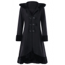 Basic Female Long Sleeve Hooded Double Breasted Lace Up Back Fluffy Trim Pleated Midi Swing Wool Coat in Black