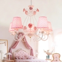 Fabric Pink/White Hanging Chandelier Tapered 5 Lights Traditional Down Lighting Pendant for Bedroom