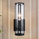 Cylindrical Clear Glass Wall Sconce Modern Style 1 Bulb Wall Mount Lamp in Black