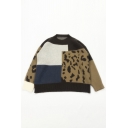 New Fashion Colorblocked Geometric Leopard Print Long Sleeve Oversized Knit Sweater