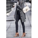 Grey Stylish Long Sleeve Stand Collar Button Down Midi Slim Fit Coat for Women