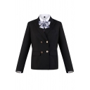 Classic Women's Long Sleeve Notch Lapel Collar Double Breasted Bow Tie Flap Pockets Fitted Plain Work Blazer