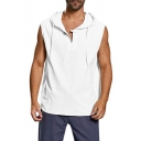 Mens Active Solid Color Button Decoration Sleeveless Loose Fit Linen Hoodie Vest