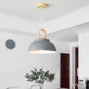Metal Domed Pendant Lighting Contemporary 1 Bulb Grey/White Hanging Ceiling Light with Wood Handle