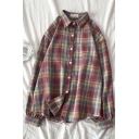 Red Trendy Long Sleeve Lapel Collar Button Down Plaid Printed Oversize Shirt for Women