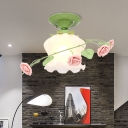 Opal Glass Bloom Ceiling Lighting Countryside 1 Head Bedroom Flush Mount Fixture in White/Green