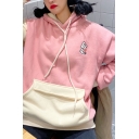 Girls Lovely Rabbit Embroidery Color Block Long Sleeve Pink Thick Oversized Hoodie