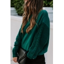 Green Trendy Long Sleeve Crew Neck Cable Knit Patched Loose Fit Pullover Sweater for Women
