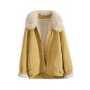 Fashion Women's Long Sleeve Exaggerate Collar Button Down Pockets Buckle Detail Fluffy Sherpa Fleece Plain Midi Oversize Coat