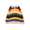 Trendy Girls' Long Sleeve Lapel Collar Button Detail Stripe Print Oversize Pullover Sweater in Yellow