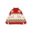 Red Pretty Long Sleeve Turtle Neck Deer Floral Pattern Chunky Knit Boxy Pullover Christmas Sweater for Girls