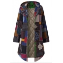 Ethnic Casual Female Long Sleeve Hooded Geo Floral Printed Button Front Oversize Midi Coat