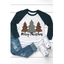 Casual Women's Three-Quarter Sleeve Crew Neck Letter MERRY CHRISTMAS Tree Printed Contrasted Relaxed T-Shirt
