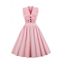 Special Occasion Sleeveless Ruffle-Collar Button Front Ruched Plain Mid Length Pleated Flared Dress for Girls