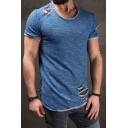 Vintage Style Plain Short Sleeves Round Neck Destroyed Ripped Detail Fitted T-Shirt