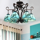 Tiffany-Style Scalloped Chandelier Light 6 Heads Hand Rolled Art Glass Ceiling Lamp in Blue/Textured Silver for Living Room