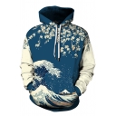 Vintage Style The Geat Wave and Floral 3D Print Color Block Long Sleeve Drawstring Hoodie