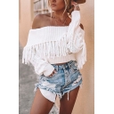 Trendy Street Ladies' Long Sleeve Off The Shoulder Tassel Tiered Chunky Knit Plain Relaxed Crop Pullover Sweater Top