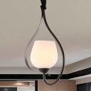 1 Light Dining Room Hanging Lamp Modern Style Black Suspended Lighting Fixture with Bowl Milk Glass Shade