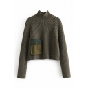 Army Green High Collar Long Sleeve Patched Flap Pocket Purl-Knit Cropped Sweater