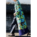 Fashion Street Ladies' Long Sleeve Lapel Collar Floral Patterned Tie Waist Maxi Oversize Coat in Green