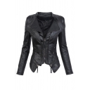Unique Black Long Sleeve Exaggerate Collar Zip Decoration Asymmetric Slim Fit Leather Jacket for Girls