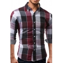 Handsome Men's Plaid Print Long Sleeve Turndown Collar Single Breasted Fitted Shirt