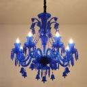 Blue Candle Chandelier Light Modernism 8 Heads K9 Crystal Pendant Lighting for Restaurant