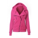 Ladies Exclusive Solid Color Oblique Zip Placket Long Sleeves Fitted Hoodie Coat