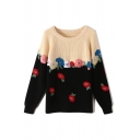 Mori Girls Chic Embroidered Flower Print Long Sleeve Round Neck Loose Colorblock Sweater
