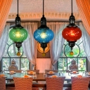 1 Light Restaurant Hanging Light Vintage Style Red/Blue/Green Pendant Lamp with Oval Textured Glass Shade