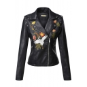Cool Black Long Sleeve Notch Collar Zipper Front Floral Embroidered Button Decoration Fitted Wrap Leather Jacket for Girls