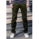Solid Color Multi Pocket Zip Embellished Straight Leg Pants Cotton Pants for Men