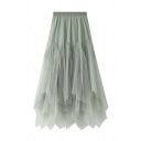 Pretty Ladies' Elastic Waist Mesh Patched Tiered Asymmetric Long Plain Pleated A-Line Skirt