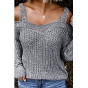 Trendy Sexy Ladies' Long Sleeve Cold Shoulder Boxy Chunky Knit Sweater Top in Grey