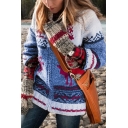 Winter Cute Long Sleeve Crew Neck Zipper Front Deer Geo Print Loose Midi Knit Cardigan for Girls