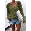 Fancy Fashion Women's Long Sleeve V-Neck Hollow Knit Loose Fit Plain Pullover Sweater Top