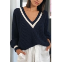 Chic Women's Balloon Sleeve Deep V-Neck Contrasted Piped Chunky-Knit Baggy Pullover Sweater in Royal Blue