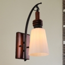 Conical Frosted Glass Wall Sconce Light Lodge Style 1 Head Red Brown Wall Lighting with Wooden Backplate
