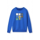 Preppy Looks Cool Blue Long Sleeve Crew Neck Comic Patterned Loose Fit Pullover Sweatshirt for Women