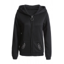 Punk Street Black Long Sleeve Zip Up Pockets Side O-Ring Embellished Slim Fit Hoodie for Girls