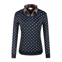 Leisure Long Sleeve Lapel Neck Polka Dot Printed False Two-Piece Slim Fit Pullover Sweatshirt for Female