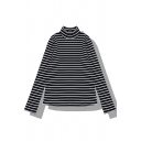 Popular Girls' Long Sleeve Turtle Neck Stripe Patterned Loose Fit Knit Pullover Sweater