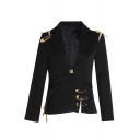 Boutique Ladies' Long Sleeve Notch Collar Button Front Pin Decoration Slit Back Slim Fit Blazer in Black