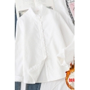 Basic White Long Sleeve Stand Collar Button Down Lace Trim Loose Fit Shirt for Women