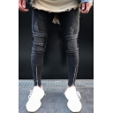 Men's Unique Plain Zipper Ripped Pleated Crumple Patchwork Biker Denim Pants Jeans